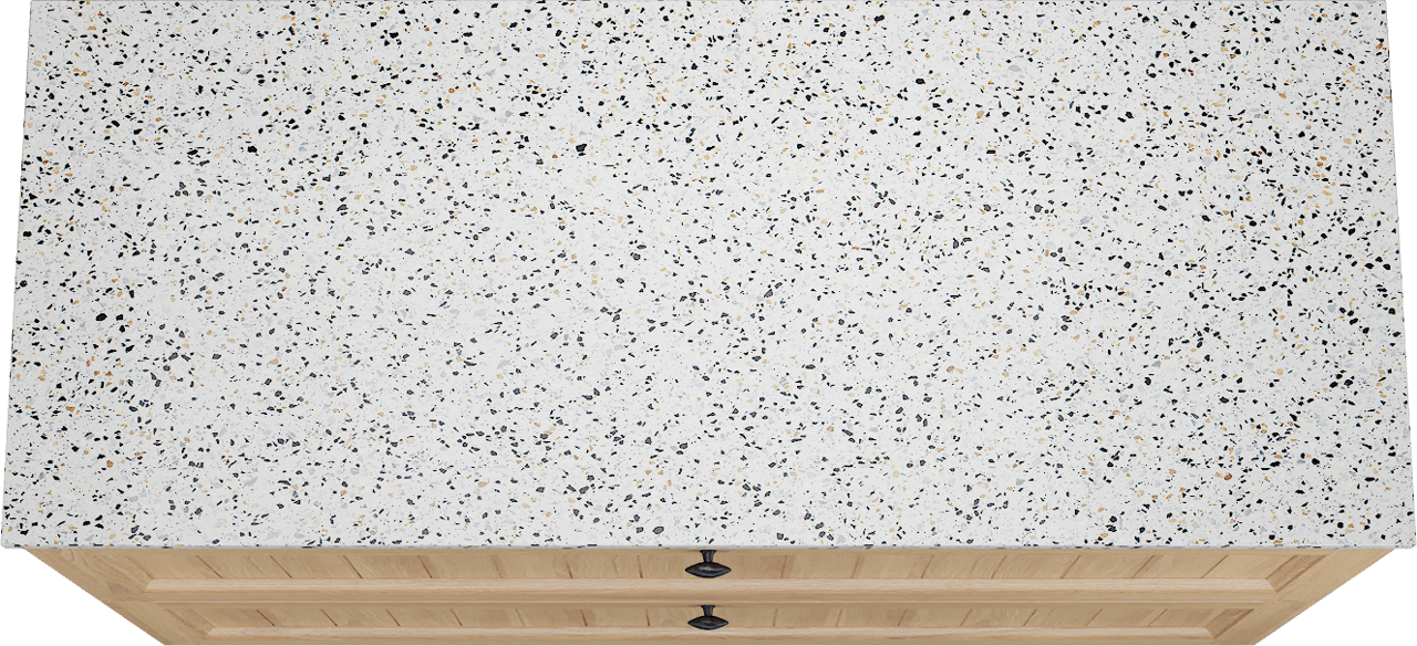 Balmani Lemon freistehendes Möbelstück Set: 135 x 55 cm, Naturbelassene Eiche Furnier, mit Stretto Einzel- oder Doppel Waschtischplatte, Terrazzo in Weiß/Schwarz matt