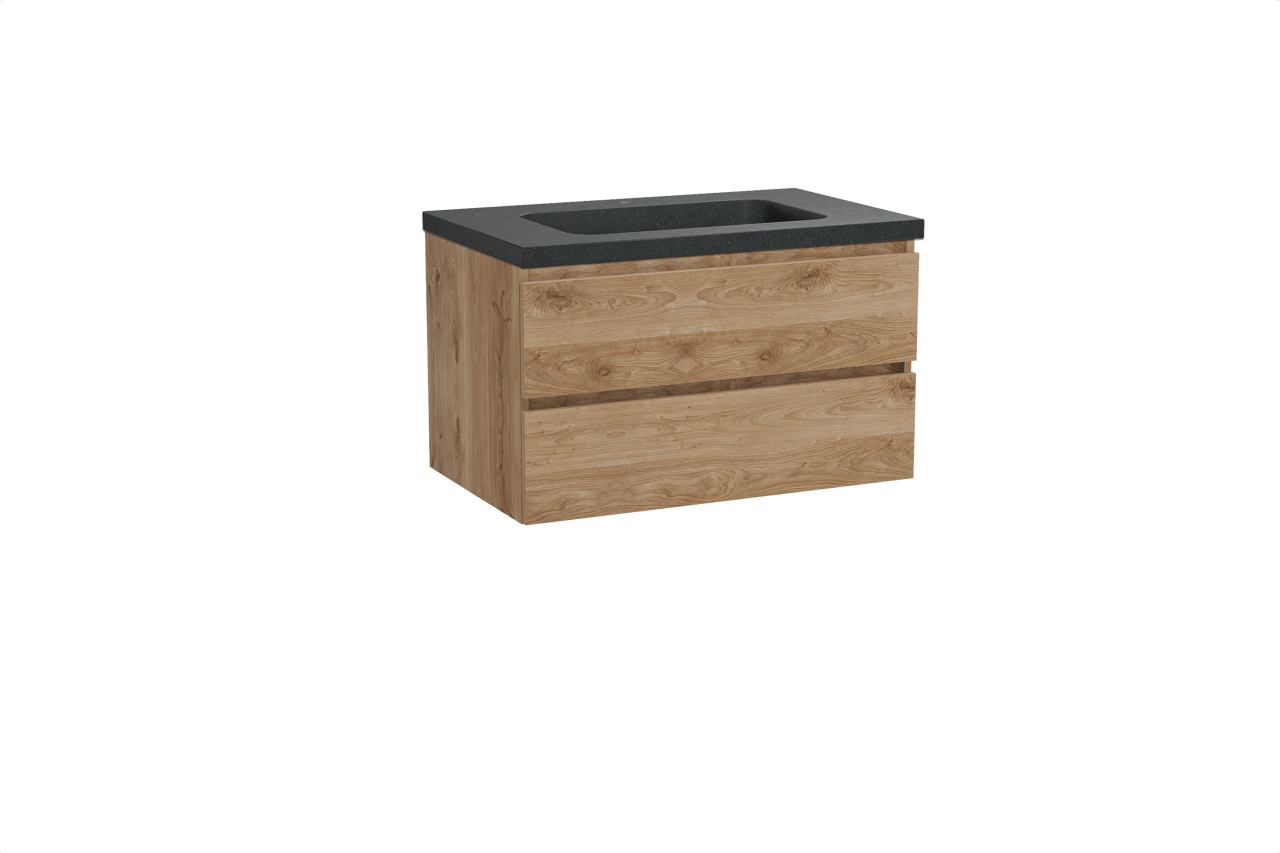 Balmani Lucida hängendes Möbelstück Set: 90 x 55 cm, Rohe Eiche, mit Napoli Einzelwaschtisch, Schwarzes Granit