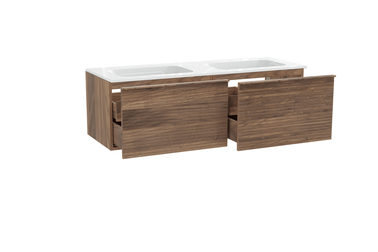 Balmani Forma meuble salle de bains suspendu 150 x 55 cm noyer américain avec Tablo Strada double vasque en marbre composite blanc brillant, Nervure droite symétrique horizontale