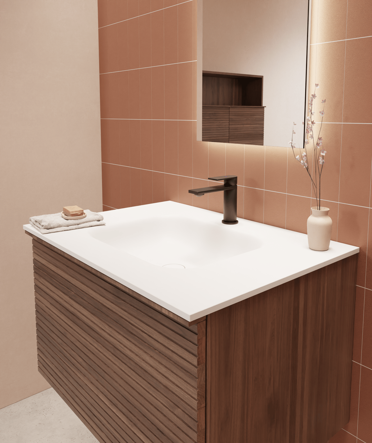 Balmani Tablo Arcato Einzel Waschtischplatte matt weiße solid surface 75 x 55 cm, inklusive Ablaufventil