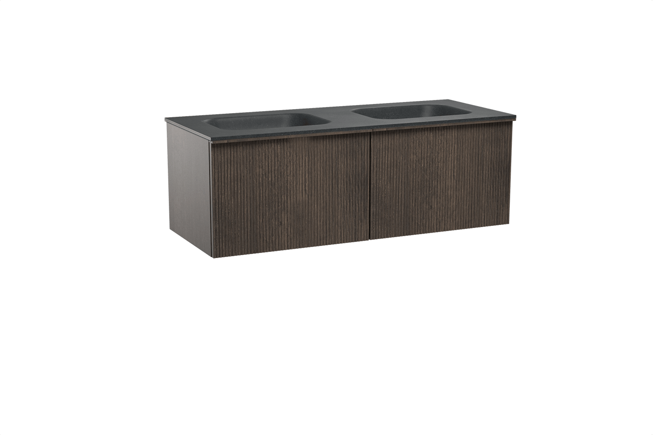 Balmani Forma meuble salle de bains suspendu 135 x 55 cm chêne fumé avec Tablo Arcato double vasque en granit noir, Nervure droite symétrique verticale