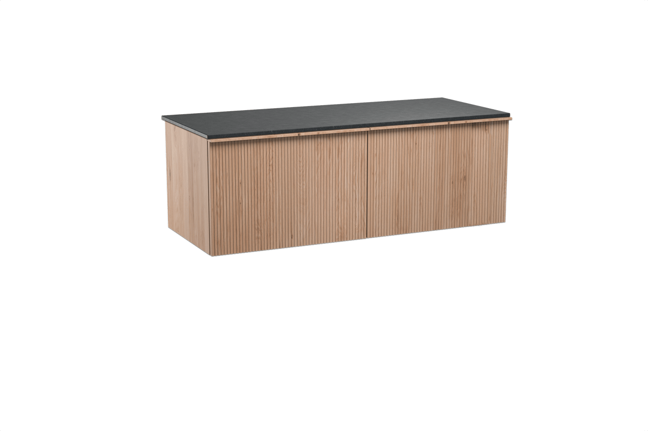 Balmani Forma hängendes Möbelstück Set: 135 x 55 cm, Naturbelassene Eiche, mit Stretto Einzel- oder Doppel Waschtischplatte, Granit, Schwarzes Granit, Vertikale symmetrische gerade Rippe