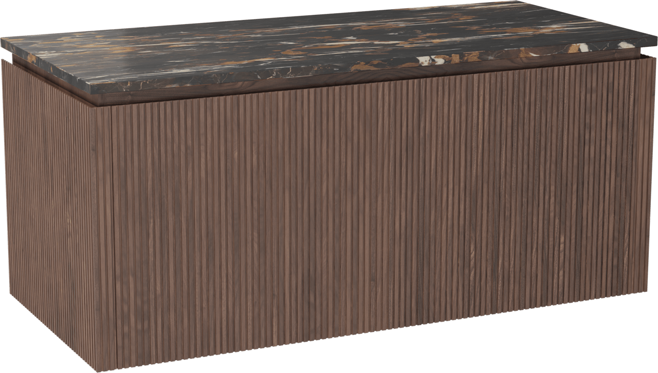 Balmani Eclips meuble salle de bains suspendu 120 x 55 cm Noyer américain avec Stretto tablette simple en Portoro Gold marbre, Nervure droite symétrique verticale