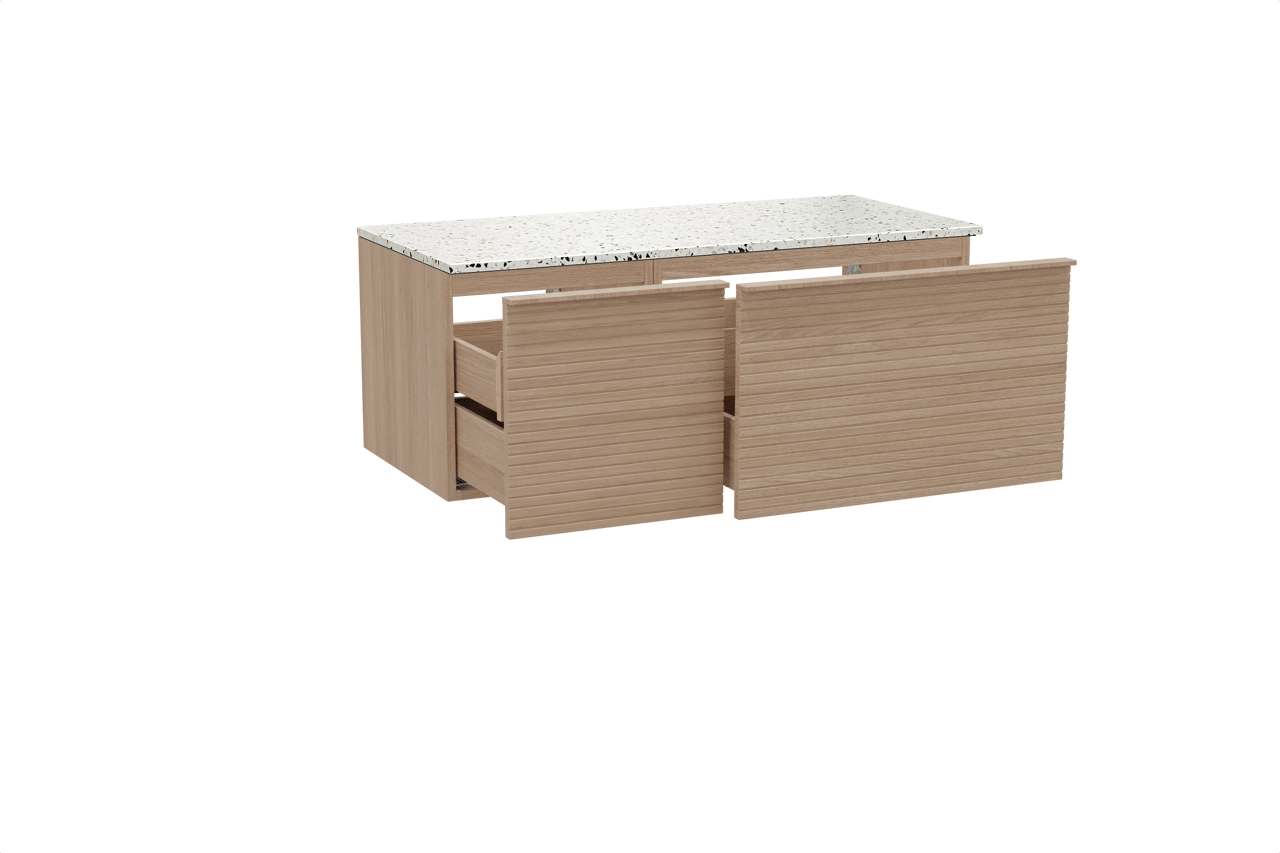 Balmani Forma zwevend badkamermeubel 120 x 55 cm natuur eik met Stretto enkel of dubbel tablet in mat wit/zwart terrazzo, Horizontale symmetrische rechte ribbel