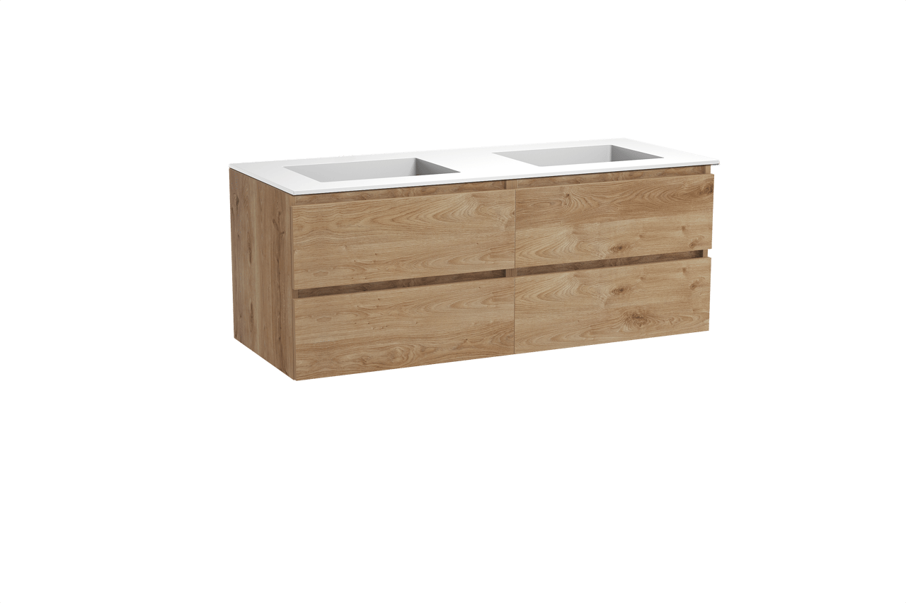 Balmani Lucida hängendes Möbelstück Set: 135 x 55 cm, Rohe Eiche, mit Tablo Stretto Doppelwaschtisch, Solid Surface Weiß matt