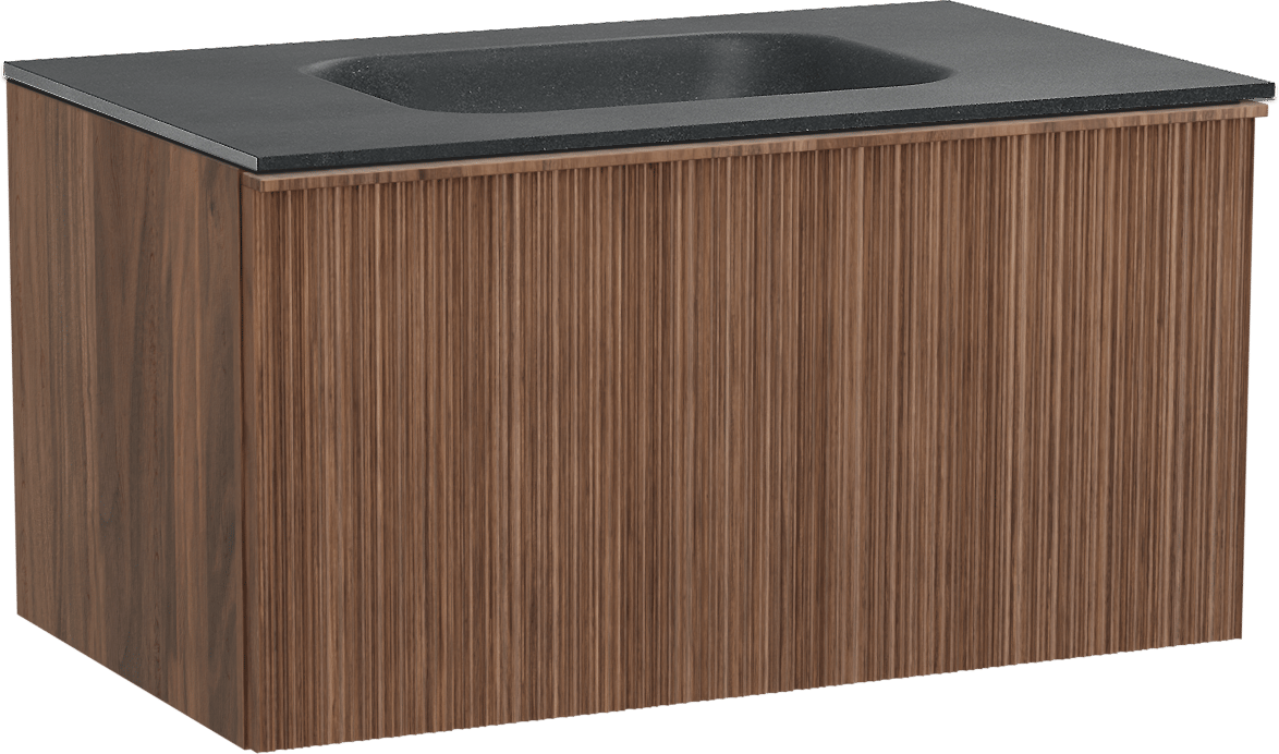 Balmani Forma zwevend badmeubel 90 x 55 cm amerikaans notenhout met Tablo Arcato enkele wastafel in zwart graniet, Verticale asymmetrische ronde ribbel