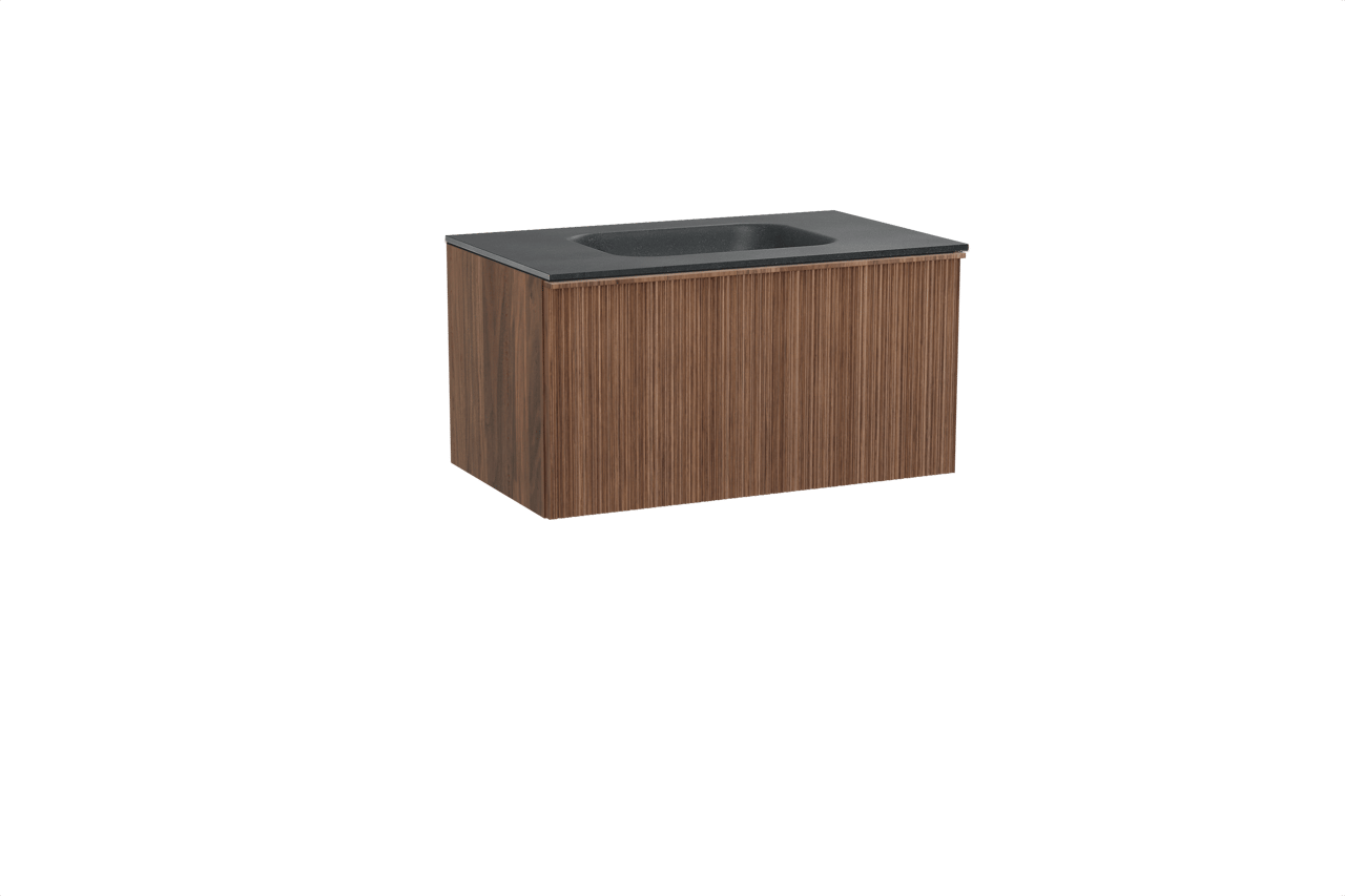 Balmani Forma hängendes Möbelstück Set: 90 x 55 cm, Amerikanischer Nussbaum, mit Tablo Arcato Einzelwaschtisch, Granit, Schwarzes Granit, Vertikale asymmetrische Runde Rippe