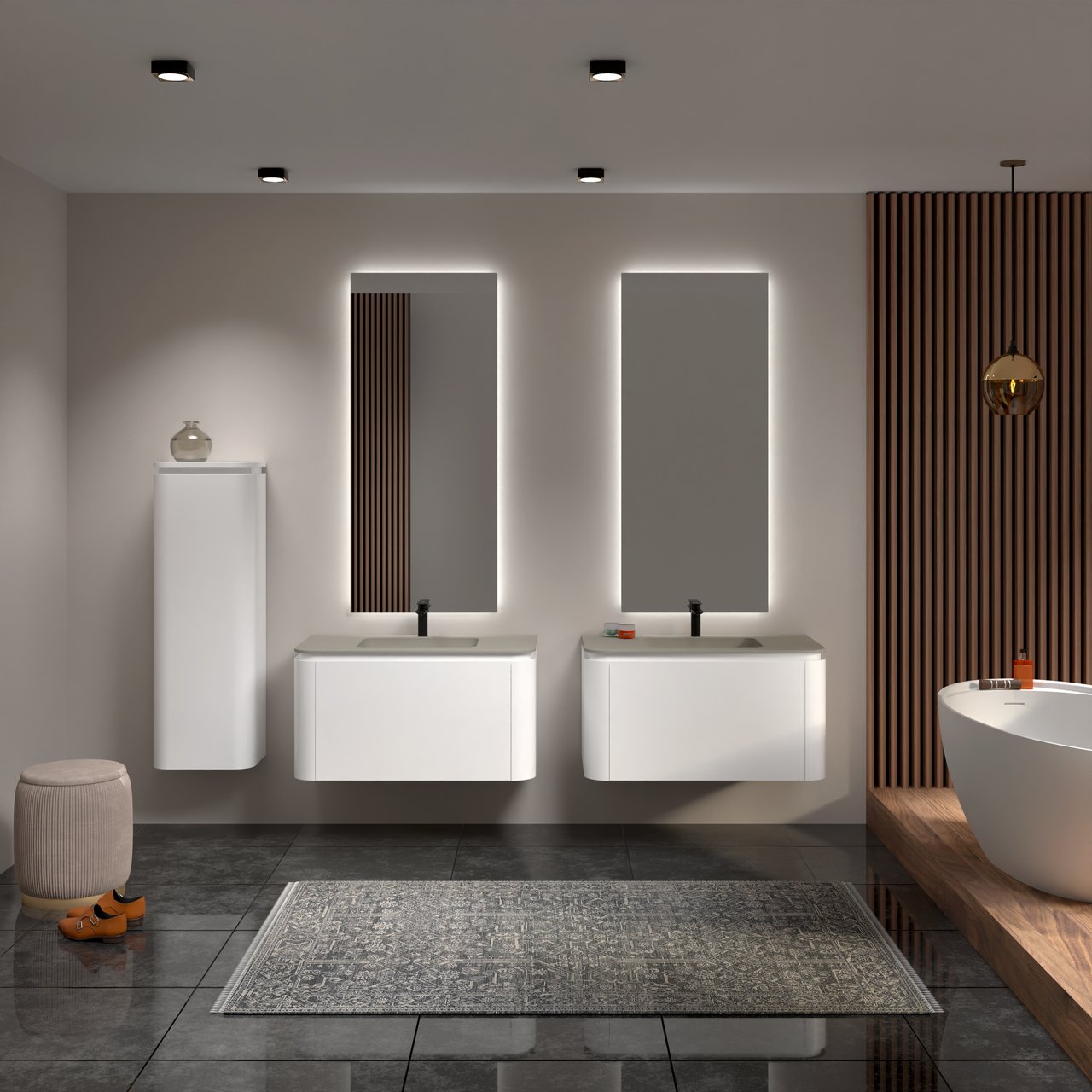 Balmani Moon zwevend badmeubel 100 x 55 cm mat wit met Moon enkele wastafel in top solid zijdegrijs