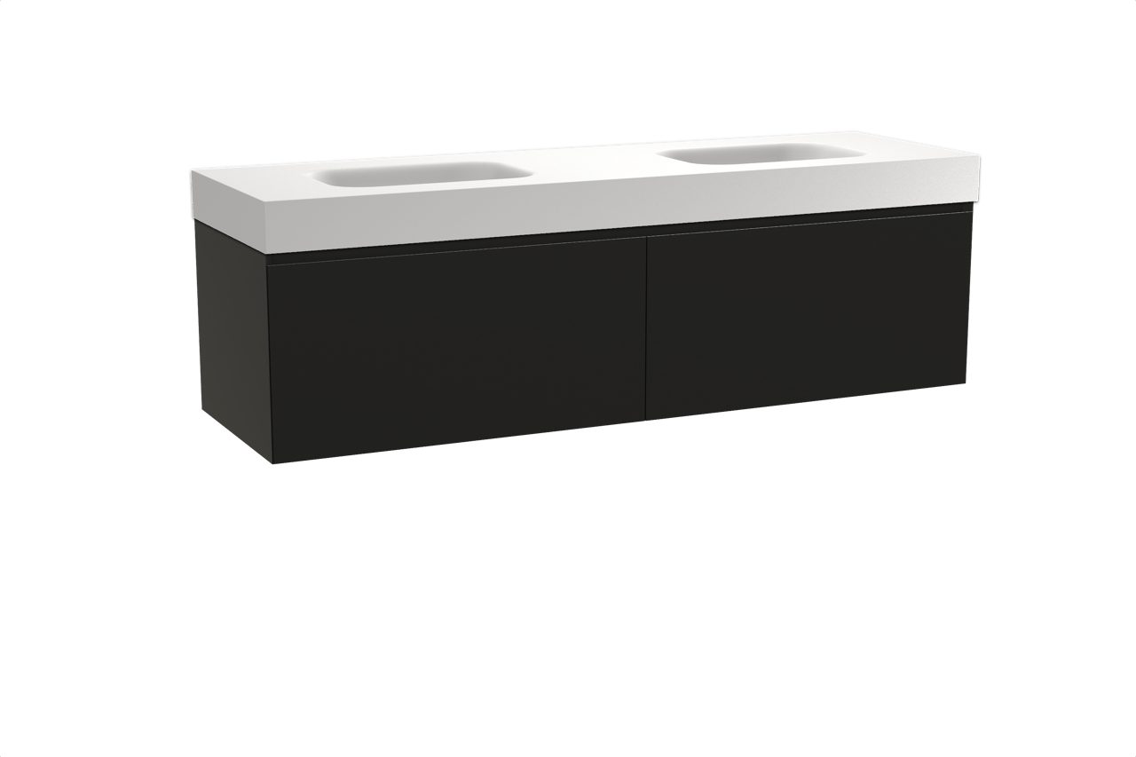 Balmani Idra hängendes Möbelstück Set: 180 x 55 cm, Schwarz matt, mit Arcato Doppelwaschtisch, Solid Surface Weiß matt