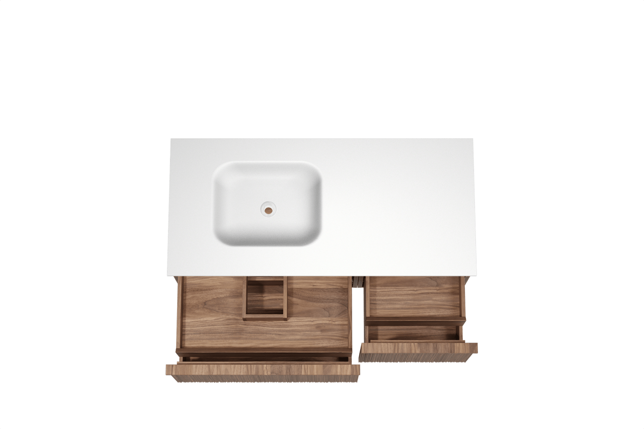 Balmani Forma hängendes Möbelstück Set: 120 x 55 cm, Amerikanischer Nussbaum, mit Tablo Arcato Waschtisch links, Solid Surface, Weiß matt, Vertikale asymmetrische Runde Rippe