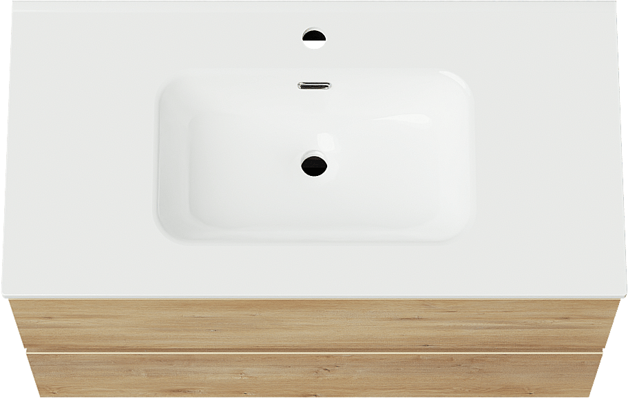 Linie Lado zwevend badmeubel 90 x 46 cm naturel eiken met Baro enkele wastafel in porselein hoogglans wit