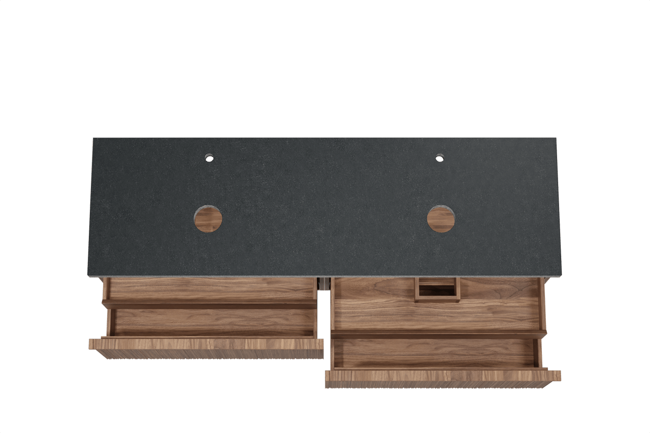 Balmani Forma meuble salle de bains suspendu 180 x 55 cm noyer américain avec Rock tablette double en granit noir, Nervure circulaire asymétrique verticale