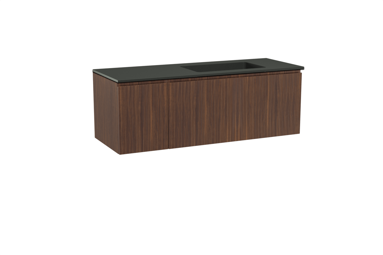 Storke Ribs zwevend badmeubel 140 x 52 cm notenhout met Scuro asymmetrisch rechtse wastafel in kwarts mat zwart, Verticale symmetrische rechte ribbel
