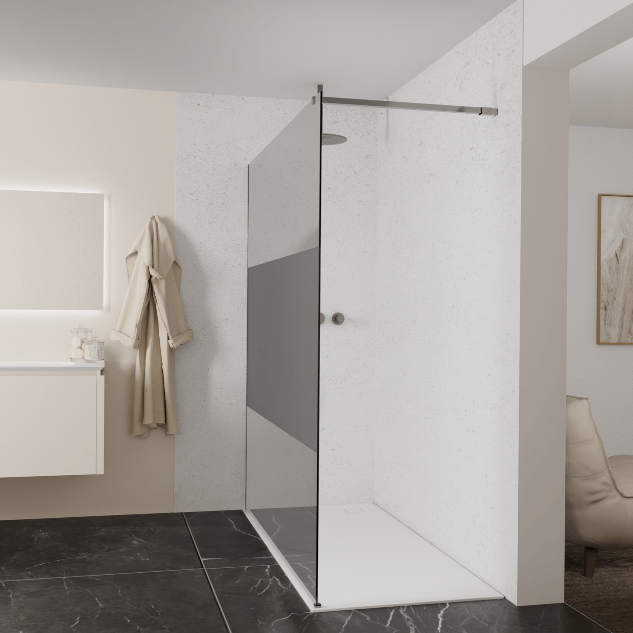 Balmani Modular Walk-In Dusche: 180 x 200 cm, Rauchglas mit mattiertem Streifen, Profil Brushed GunMetal