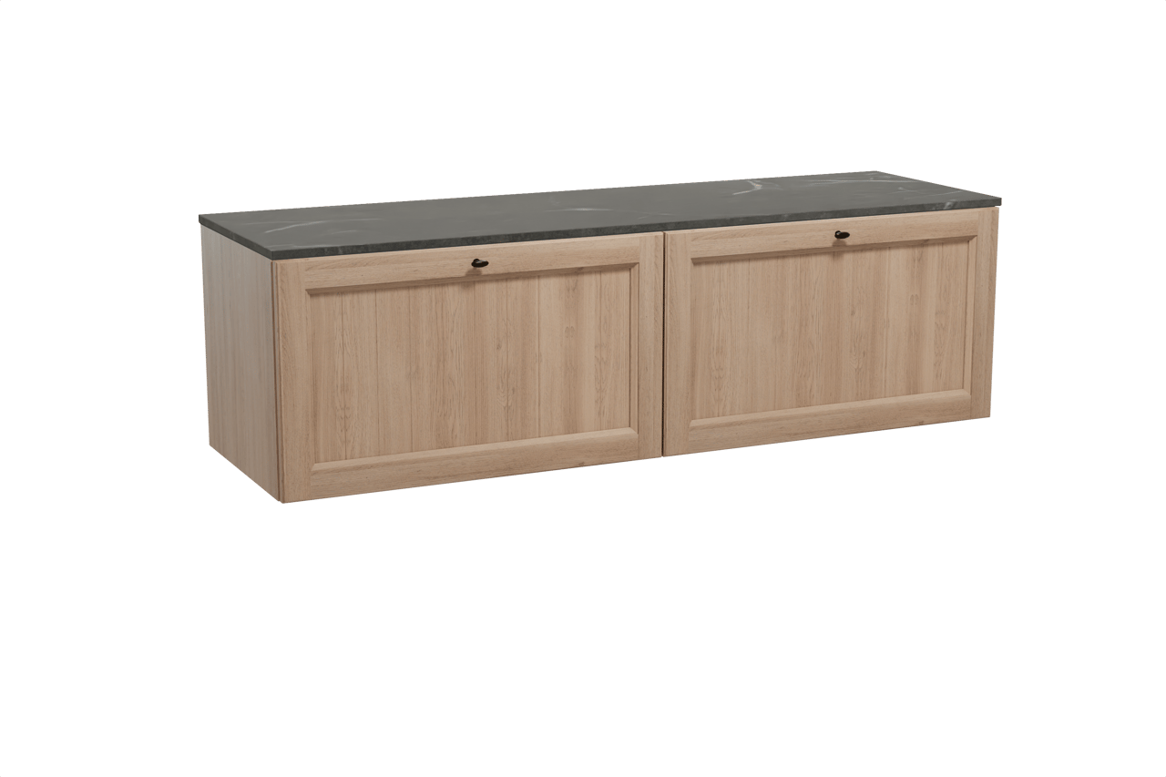 Balmani Lemon hängendes Möbelstück Set: 180 x 55 cm, Verwitterte Eiche, mit Stretto Einzel- oder Doppel Waschtischplatte, Marmor Pietra Grey