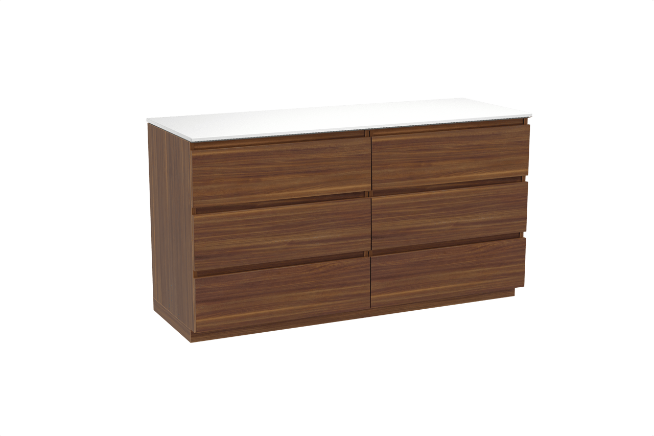 Balmani Lucida staand badkamermeubel 150 x 55 cm amerikaanse notelaar met Stretto enkel of dubbel tablet in solid surface mat wit