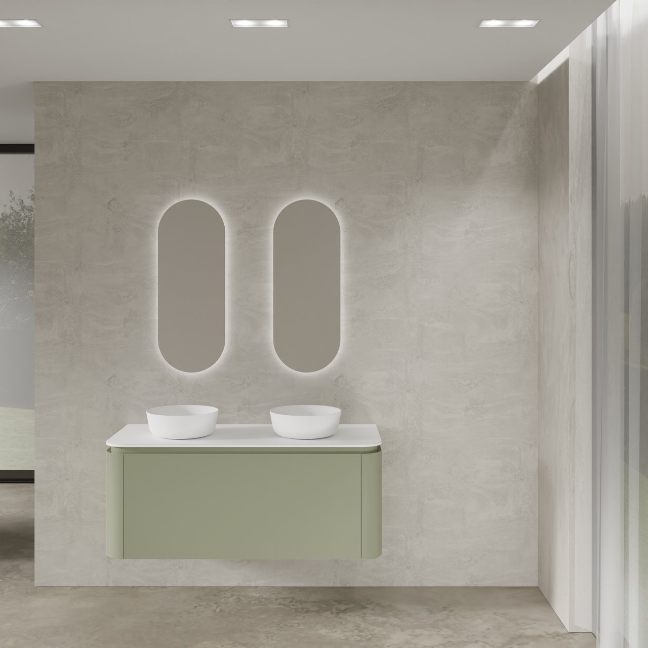 Balmani Moon zwevend badkamermeubel 130 x 55 cm saliegroen met Moon enkel of dubbel tablet in solid surface mat wit met 2 Zone waskommen en 2 Giro badkamerspiegels