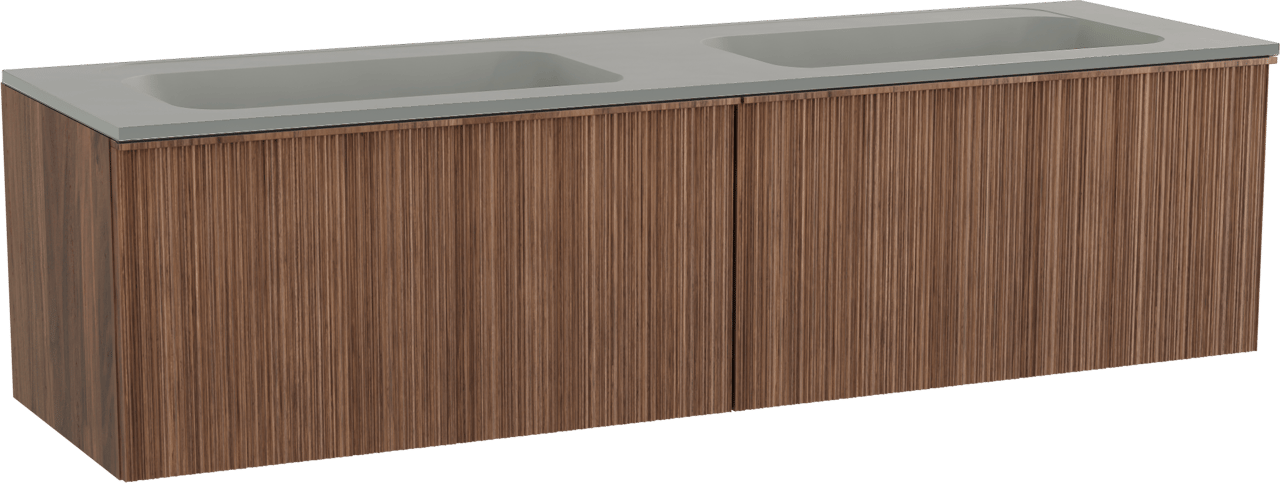 Balmani Forma zwevend badmeubel 180 x 55 cm amerikaans notenhout met Tablo Strada dubbele wastafel in composietmarmer zijdegrijs, Verticale asymmetrische ronde ribbel