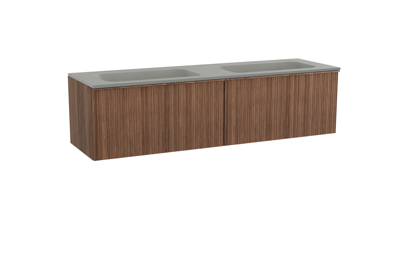 Balmani Forma hängendes Möbelstück Set: 180 x 55 cm, Amerikanischer Nussbaum, mit Tablo Strada Doppelwaschtisch, Marmorkomposit, Seidengrau, Vertikale asymmetrische Runde Rippe