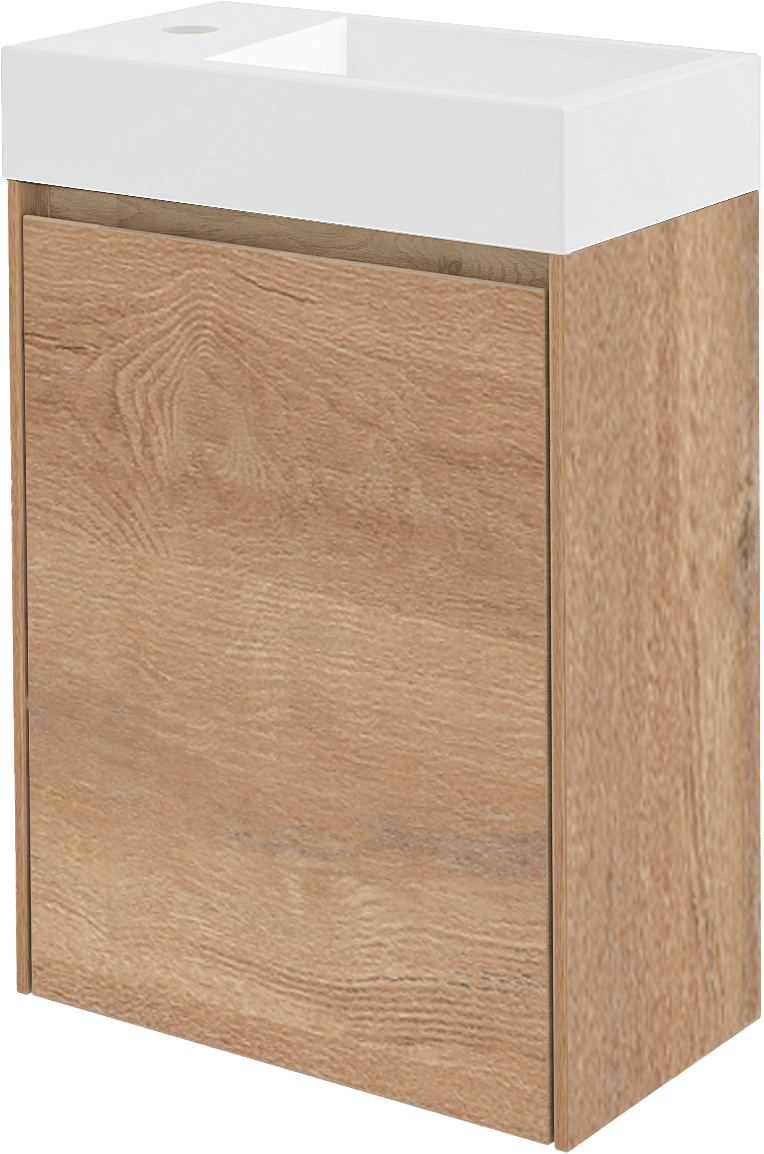 Storke Edge hängendes Badmöbel Set (Gäste WC): 40 x 22 cm, Eiche rustikal, Vida Waschtisch, Marmorkomposit, glänzend