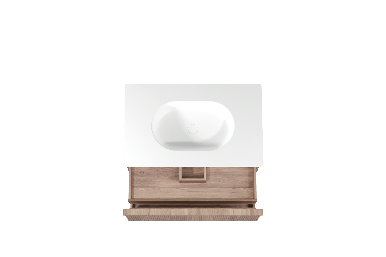 Balmani Forma hängendes Möbelstück Set: 90 x 55 cm, Teak, mit Tablo Oval Einzelwaschtisch, Solid Surface, Weiß matt, Vertikale symmetrische gerade Rippe