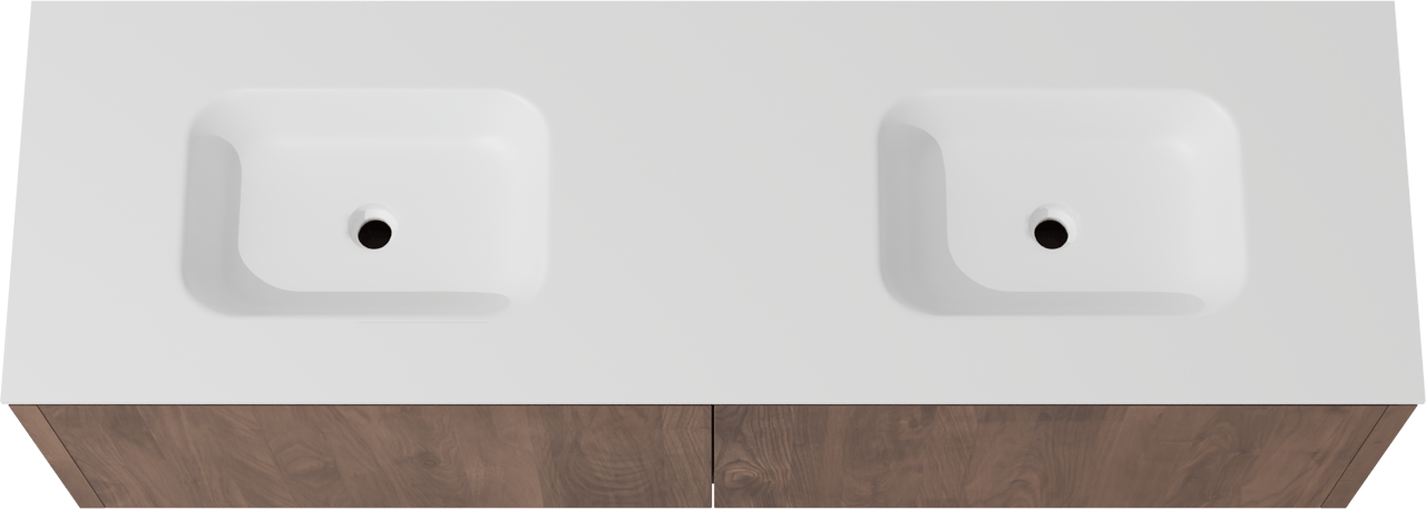 Balmani Eclips hängendes Möbelstück Set: 180 x 55 cm, Amerikanischer Nussbaum, mit Tablo Arcato Doppelwaschtisch Solid Surface Weiβ matt