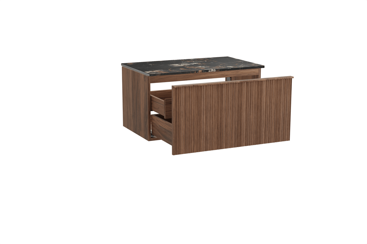 Balmani Forma zwevend badkamermeubel 90 x 55 cm amerikaanse notelaar met Stretto enkel tablet in marmer portoro gold, Verticale asymmetrische ronde ribbel