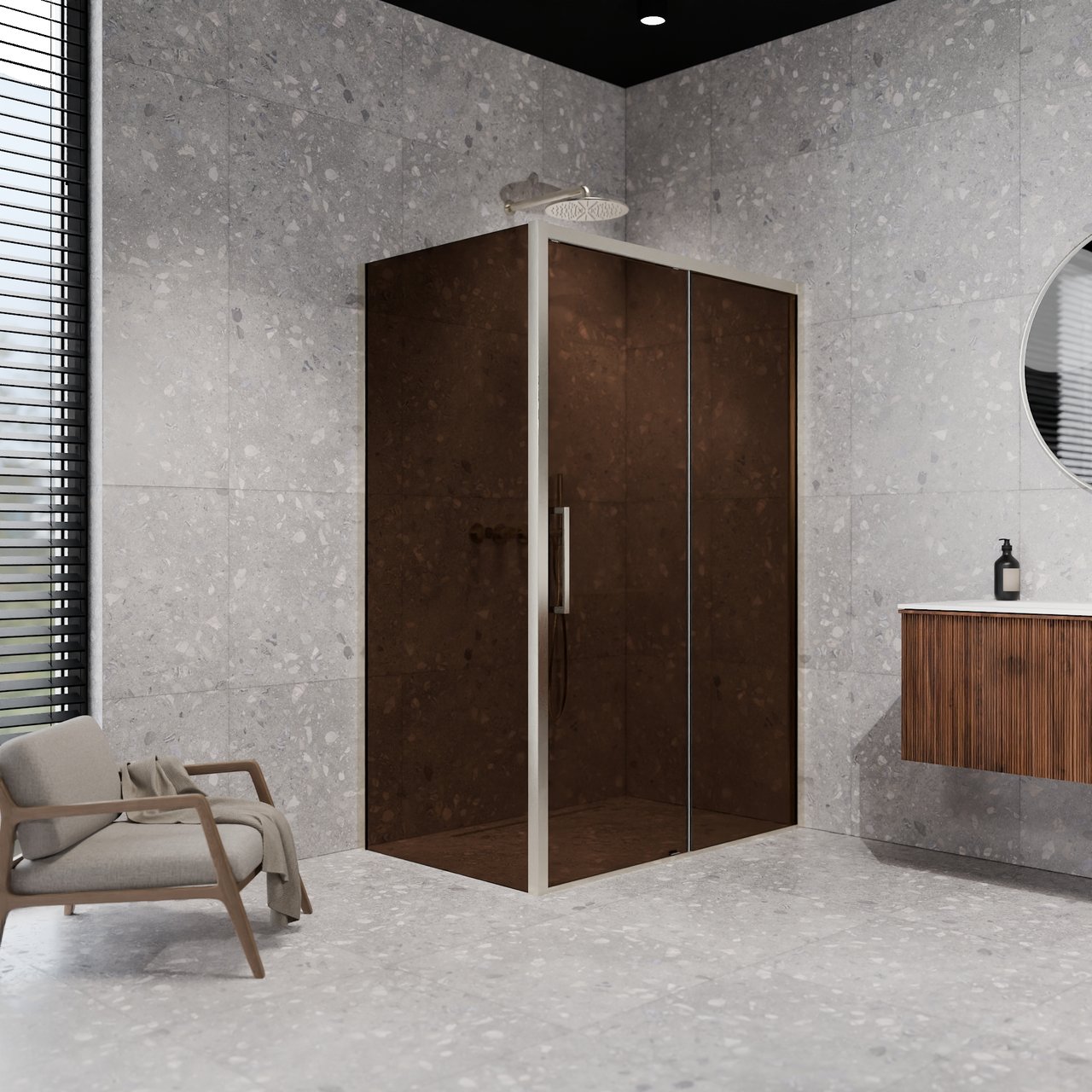 Balmani Senses Design douchehoek met rechtse schuifdeur en vaste zijwand, 120 x 90 cm, Brons, Brushed CoolMetal profielen, met coating