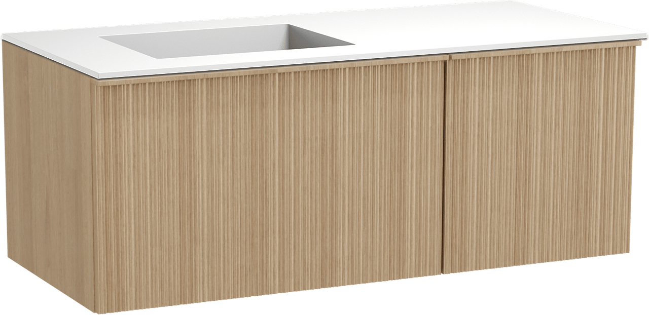 Balmani Forma zwevend badmeubel 120 x 55 cm naturel eiken met Tablo Stretto asymmetrisch linkse wastafel in solid surface mat wit, Verticale asymmetrische ronde ribbel