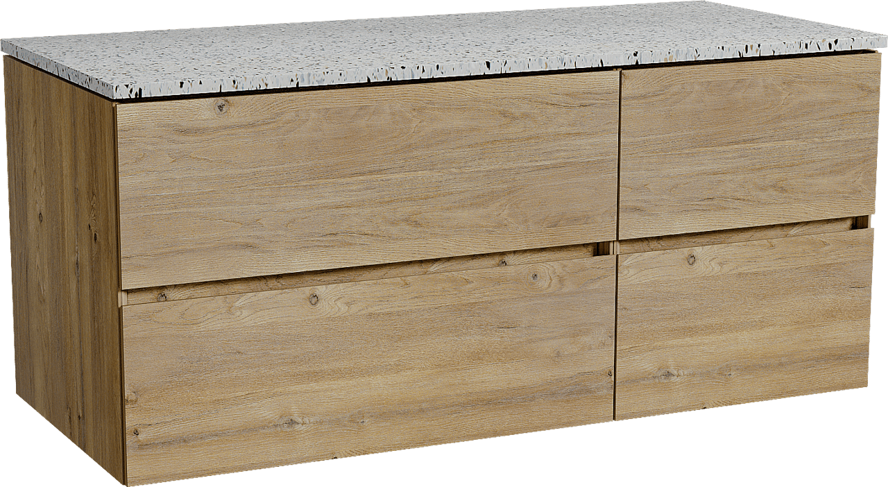 Storke Edge meuble salle de bains suspendu 120 x 52 cm chêne brut avec Tavola tablette simple ou double en blanc/noir mat terrazzo