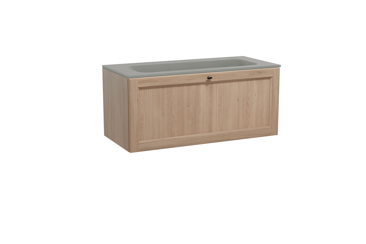 Balmani Lemon zwevend badkamermeubel 120 x 55 cm verweerde eik met Tablo Strada enkele wastafel voor 2 kraangaten in composietmarmer zijdegrijs