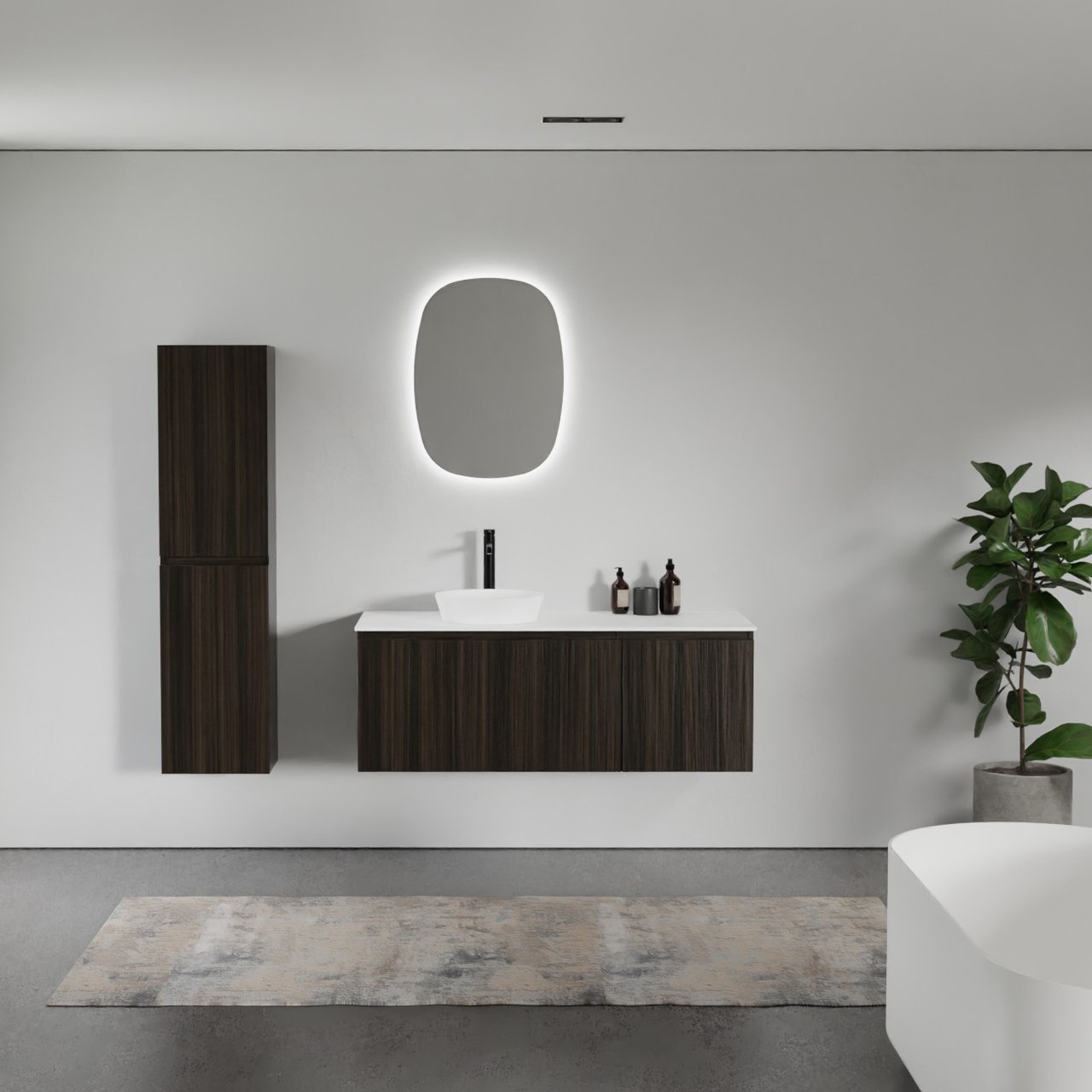 Balmani Sfera zwevend badmeubel 135 x 55 cm eucalyptus met Stretto enkel of dubbel wastafelblad in solid surface mat wit