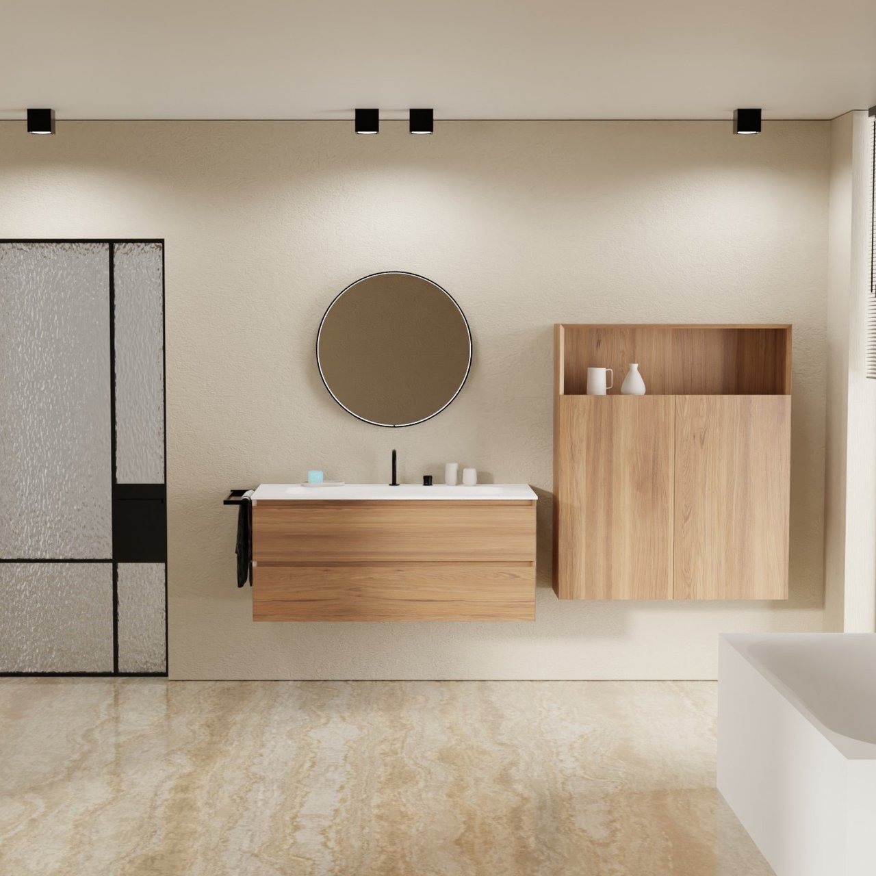 Balmani Mitra hängendes Möbelstück Set: 120 x 55 cm, Teak, mit Tablo Arcato Einzelwaschtisch für 2 Armaturenlöcher, Solid Surface Weiß matt