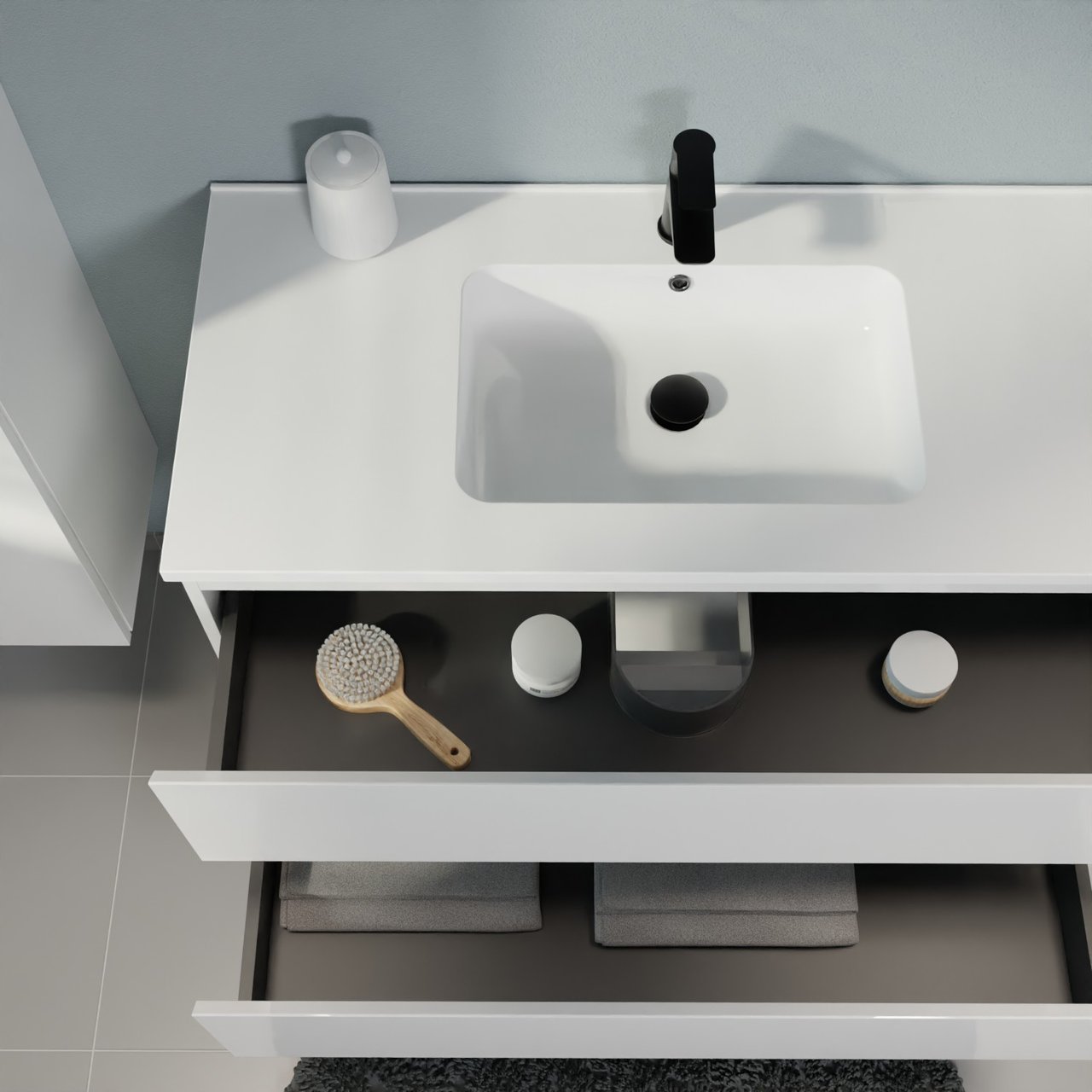 Linie Lado zwevend badkamermeubel 120 x 46 cm glanzend wit met Vano asymmetrisch linkse wastafel in composietmarmer glanzend wit