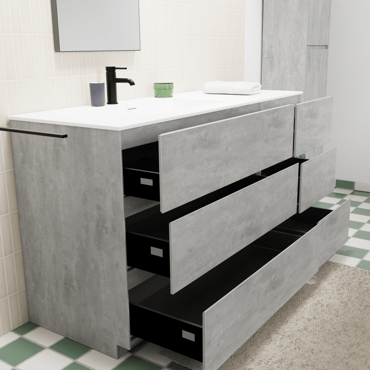 Storke Edge freistehendes Möbelstück Set: 140 x 52 cm, Beton dunkelgrau, mit Mata Waschtisch links, Solid Surface Weiß matt