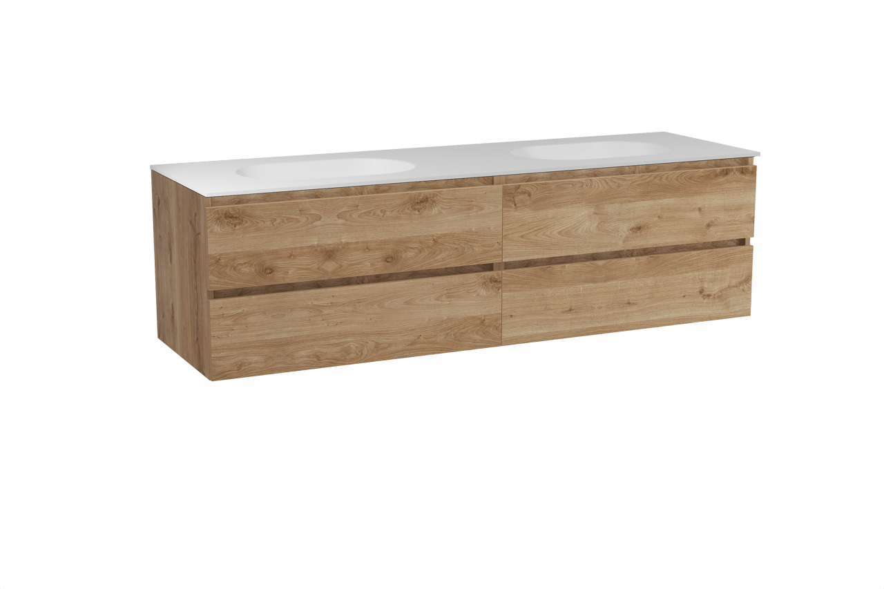 Balmani Lucida meuble salle de bains suspendu 180 x 55 cm chêne brut avec Tablo Oval double vasque en solid surface blanc mat