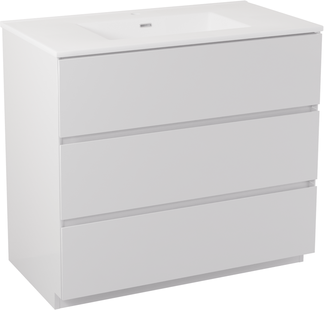 Storke Edge freistehendes Möbelstück Set: 95 x 52 cm, Weiß glänzend, mit Kera Einzelwaschtisch, Keramik Weiß matt, inklusive Ablaufventil