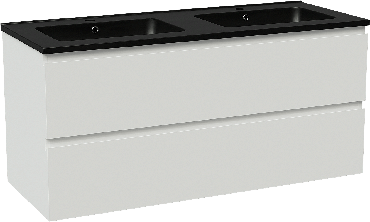 Linie Lado meuble salle de bains suspendu 120 x 46 cm blanc mat avec Vano double vasque en marbre composite noir mat