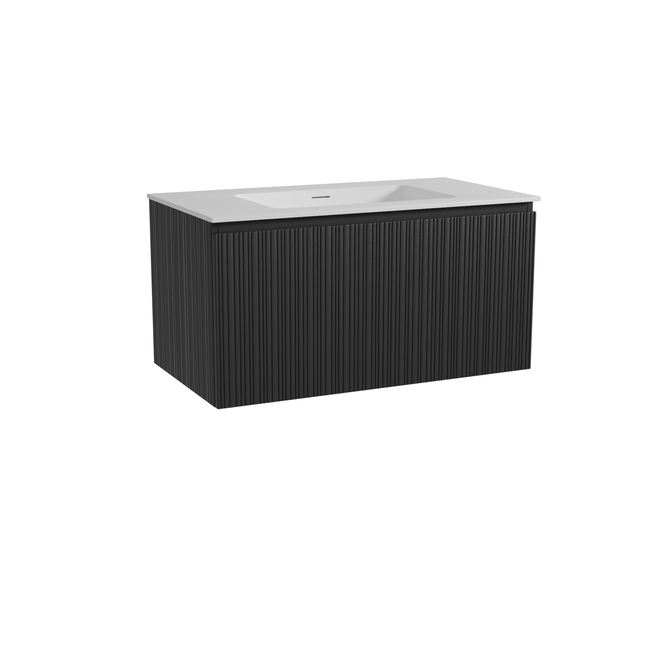 Storke Ribs meuble salle de bains suspendu 95 x 52 cm chêne noir avec Mata plan simple en solid surface blanc mat, Nervure droite asymétrique verticale