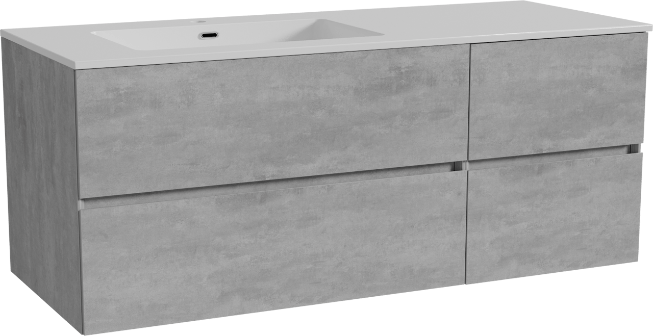 Storke Edge zwevend badmeubel 130 x 52 cm beton donkergrijs met Diva asymmetrisch linkse wastafel in composietmarmer hoogglans wit