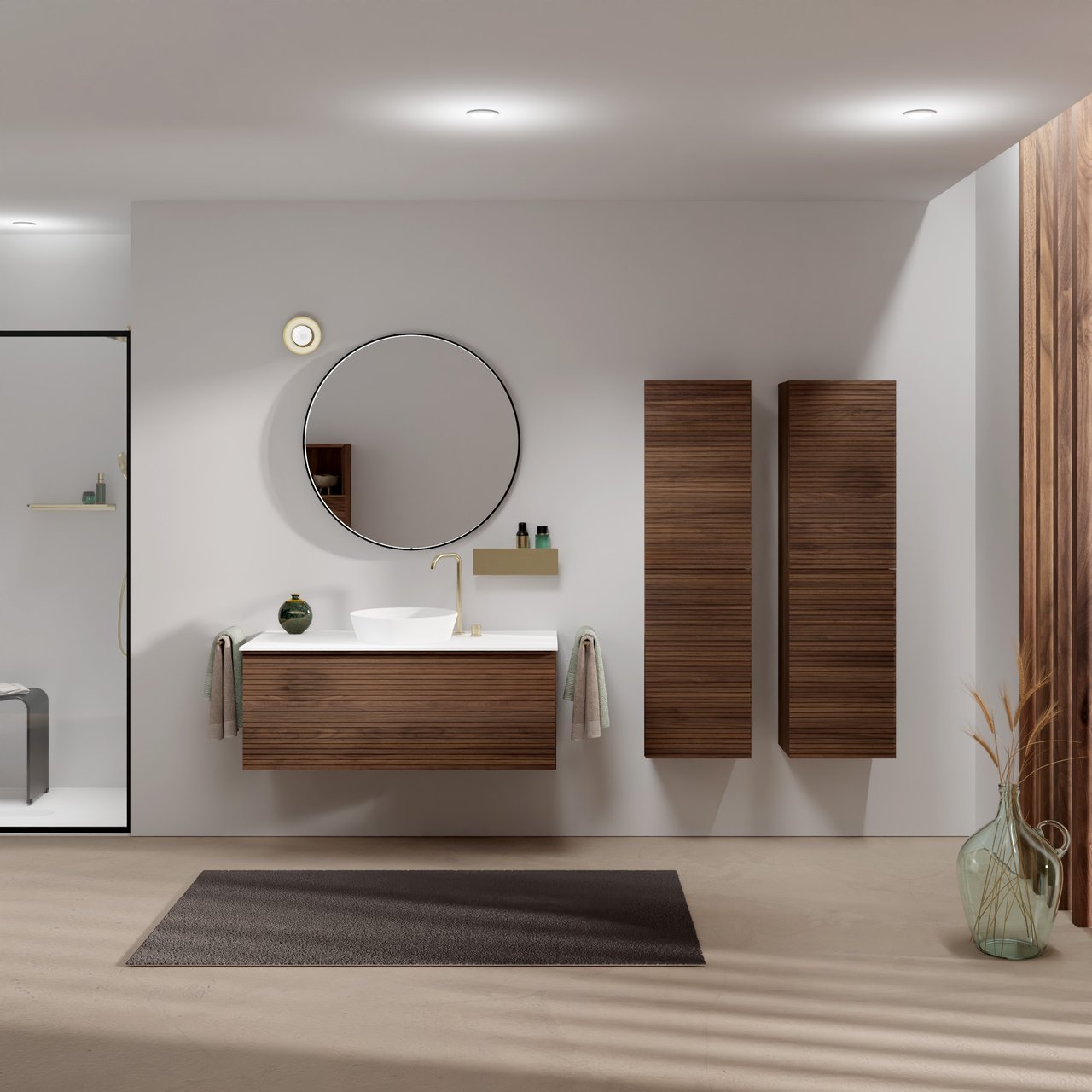 Balmani Forma meuble salle de bains suspendu 120 x 55 cm noyer américain avec Stretto tablette simple ou double en solid surface blanc mat, Nervure droite symétrique horizontale