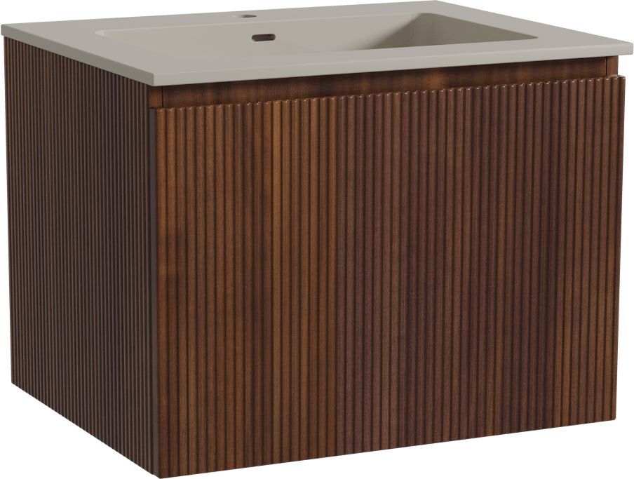Storke Ribs zwevend badmeubel 65 x 52 cm notenhout met Diva enkele wastafel in top solid zijdegrijs, Verticale symmetrische rechte ribbel