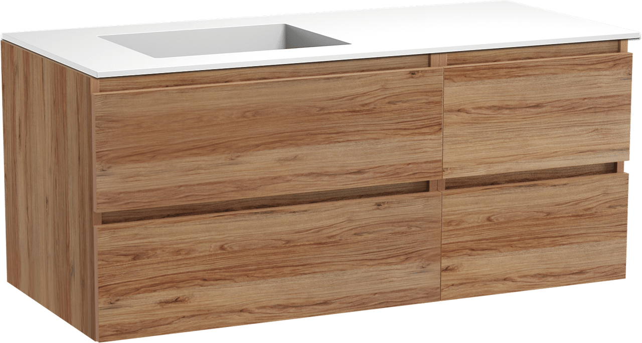 Balmani Lucida hängendes Möbelstück Set: 120 x 55 cm, Teak, mit Tablo Stretto Waschtisch links, Solid Surface Weiß matt