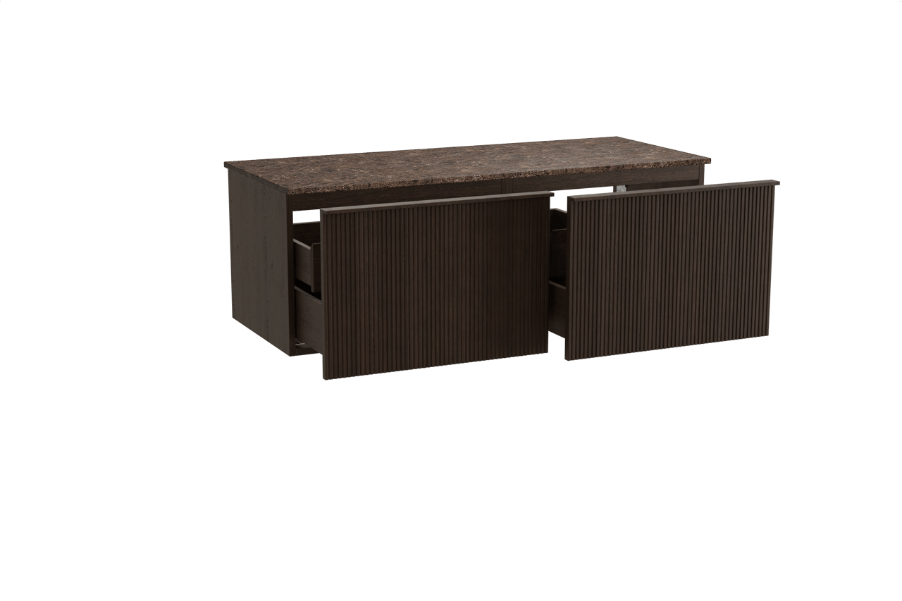 Balmani Forma zwevend badkamermeubel 135 x 55 cm gerookte eik met Stretto enkel of dubbel tablet in marmer dark emperador, Verticale symmetrische rechte ribbel