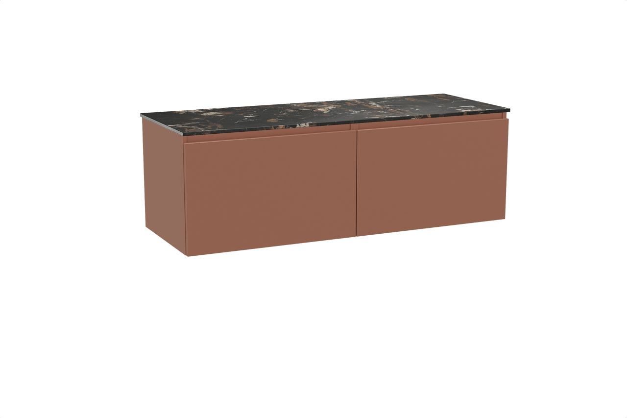 Balmani Sfera zwevend badkamermeubel 150 x 55 cm cotto met Stretto enkel of dubbel tablet in marmer portoro gold