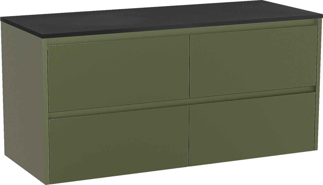 Storke Seda zwevend badmeubel 130 x 52 cm olijfgroen met Panton enkel of dubbel wastafelblad in gepoedercoate mdf mat zwart