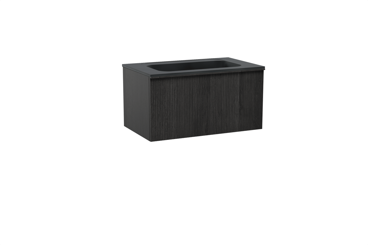 Balmani Forma meuble salle de bains suspendu 90 x 55 cm chêne noir avec Tablo Strada plan simple en marbre composite noir mat, Nervure droite symétrique verticale