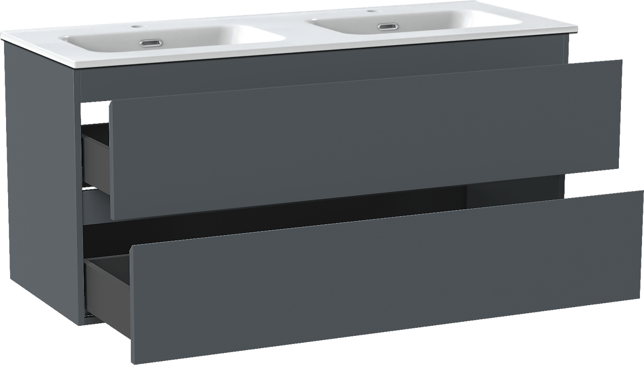 Linie Lado meuble salle de bains suspendu 120 x 46 cm bleu anthracite avec Baro double vasque en porcelaine blanc brillant