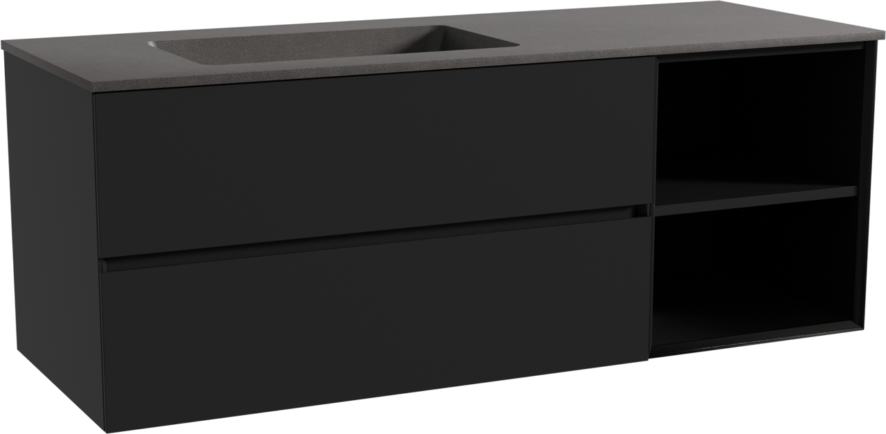 Storke Edge hängendes Möbelstück Set: 140 x 52 cm, Schwarz matt, mit Scuro Waschtisch links, Quarz Schwarz matt