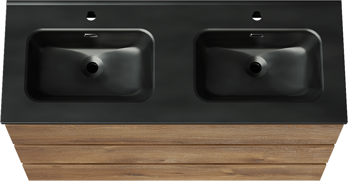 Linie Lado freistehendes Möbelstück Set: 120 x 46 cm, Braune Eiche, mit Baro Doppelwaschtisch, Porzellan Schwarz matt